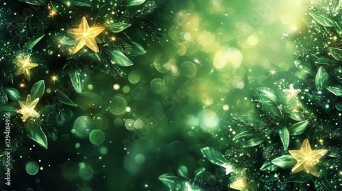 A green background with stars and leaves. The background is blurry and the stars are shining brightly