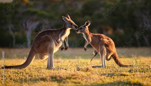 Two Young Eastern Grey Kangaroos Macropus giganteus Engaging in a Vigorous Grassland Clash at Dusk, Showcasing Raw Strength and Grace in Australias Outback.