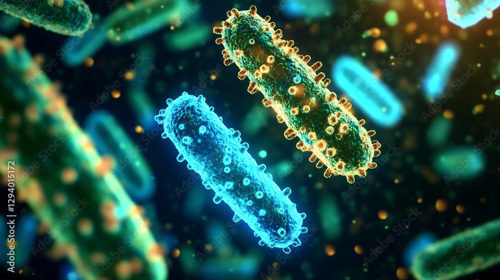 Hyper detailed depiction of gut microbiota glowing bacterial colony vibrant blue green gold tone dynamic 3D molecular texture cinematic lighting sharp contrast symmetrical arrangement ultra high Hyper detailed depiction of gut microbiota glowing bacterial colony vibrant blue green gold tone dynamic 3D molecular texture cinematic lighting sharp contrast symmetrical arrangement ultra high