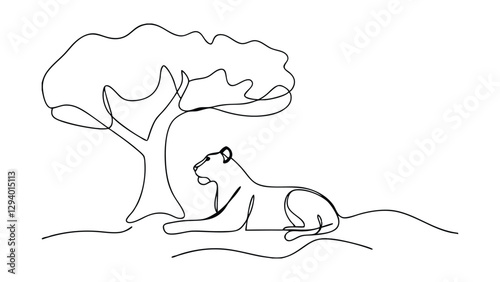 Oneline drawing of a lioness lounging beneath a tree in a minimalist style, evocative of the African savanna. Simple, elegant, wildlife art.