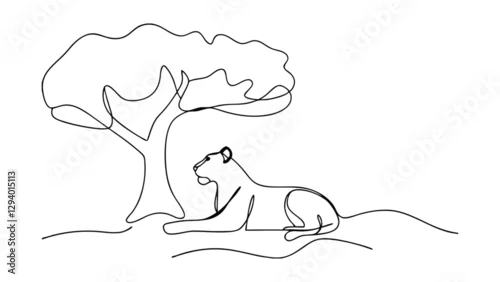 Obraz Oneline drawing of a lioness lounging beneath a tree in a minimalist style, evocative of the African savanna. Simple, elegant, wildlife art.