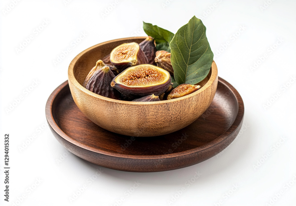 Rustic wooden bowl with dried figs on a dark wooden serving plate Rustic wooden bowl with dried figs on a dark wooden serving plate