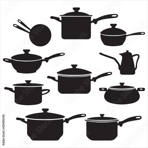 set vector various Kitchen saucepan silhouettes