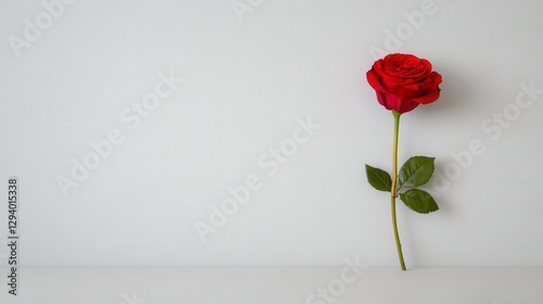Single red rose against a white background. Minimalist floral image with copy space. Perfect for cards, websites, or blogs