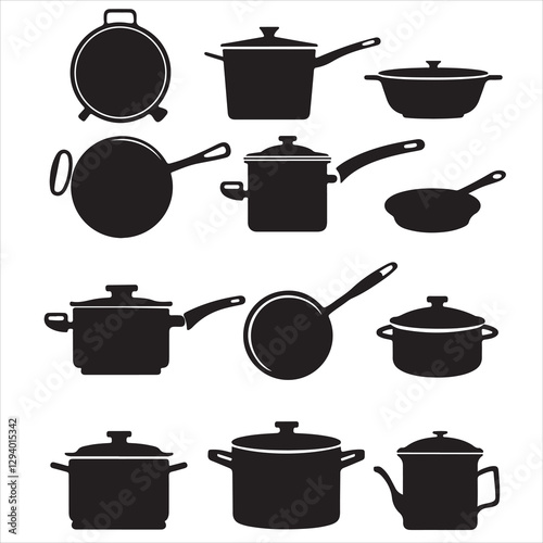 set vector various Kitchen saucepan silhouettes