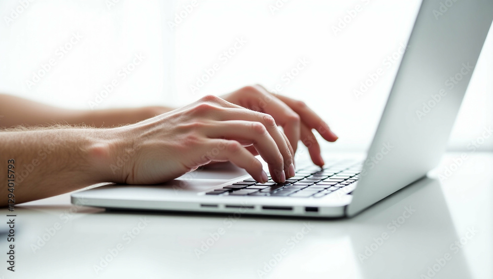 Typing on a laptop keyboard slender fingered hands illuminate work