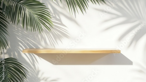 Contemporary Wooden Shelf with Shadow and Tropical Leaves Background