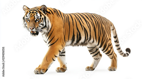 Tiger animal isolated on white, big bengal cat vector illustration. Wildlife striped predator,one wild undomesticated animal with paws. Old power mammal with tail, feline color portrait design.