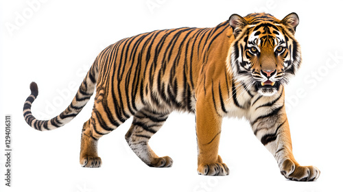 Tiger animal isolated on white, big bengal cat vector illustration. Wildlife striped predator,one wild undomesticated animal with paws. Old power mammal with tail, feline color portrait design.