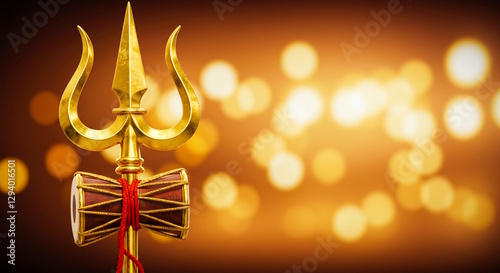   Hindu god Shiva's musical instrument pellet drum Damaru or Damroo, trident or trishul  in blur bokeh background, Greeting card for Hindu religion, maha Shivratri concept, copy space photo