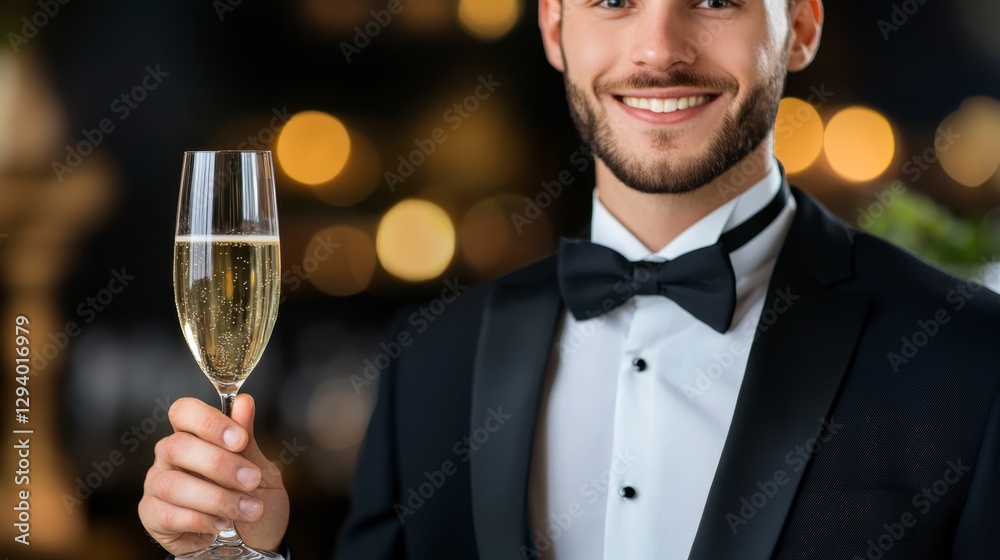 Smiling man in tuxedo holds champagne flute, bokeh background. Warm lighting, celebratory mood. Close up Smiling man in tuxedo holds champagne flute, bokeh background. Warm lighting, celebratory mood. Close up