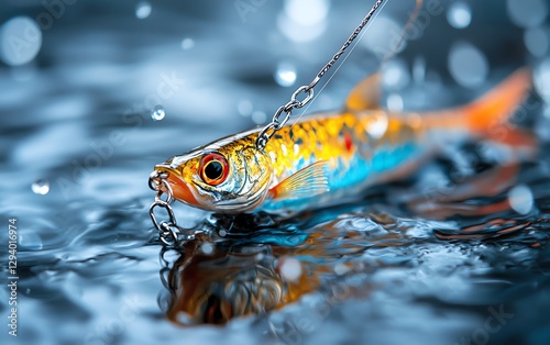 A highdetailed angler fish sport lure with a sharp metal hook and line, set in the water as a trap for fishing, with clear focus on the sharpness of the fishing hook and equipment photo