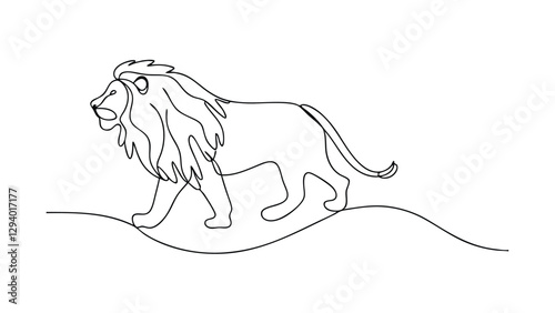 A singleline drawing depicts a majestic male lion walking across a simple landscape. Its mane is full, and the style is minimalist and elegant. The image suggests power and grace.