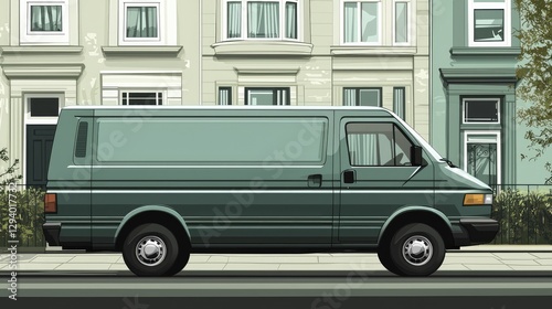 Green van driving down city street