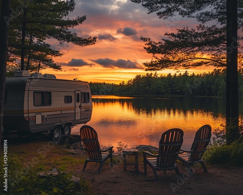 A serene scene of a travel trailer RV parked by a forest lake at sunset, with empty camping chairs arranged by the water, offering a peaceful naturefilled escape photo