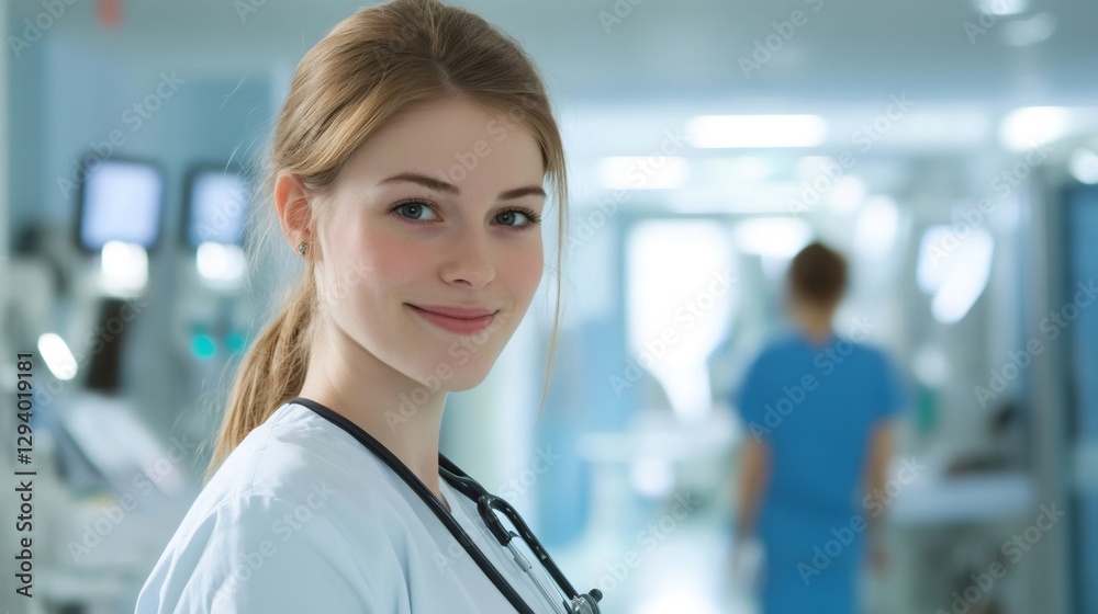 Fototapeta premium Young smiling doctor wearing stethoscope in hospital corridor