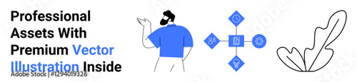 Man in blue shirt gesturing toward connected digital icons with abstract shapes and leaf accent. Ideal for technology, creativity, modern design, innovation, education, teamwork, flat landing page