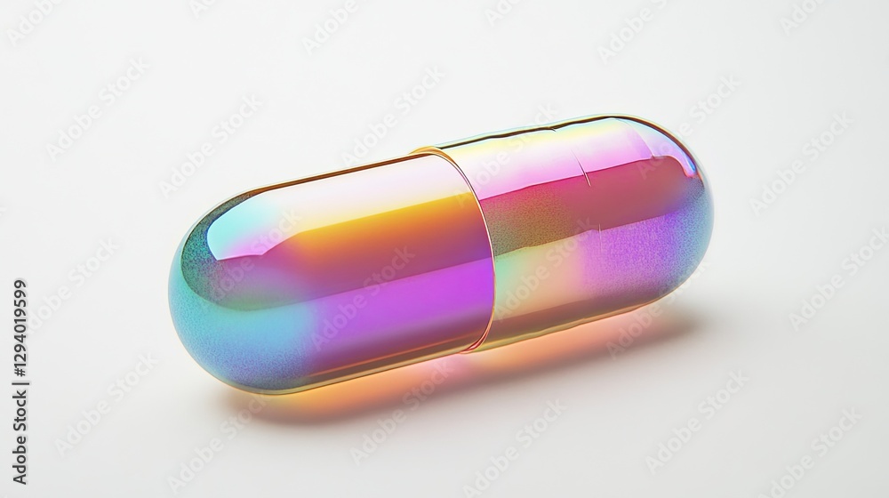 An iridescent pill capsule on a white background. 