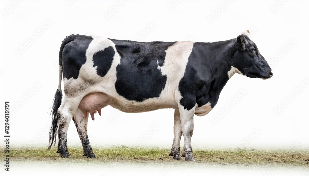 Stark Contrast A Solitary Black and White Cow Stands Majestically Against a Pure White Background, Showcasing Textural Beauty and Timeless Elegance. Stark Contrast A Solitary Black and White Cow Stands Majestically Against a Pure White Background, Showcasing Textural Beauty and Timeless Elegance.