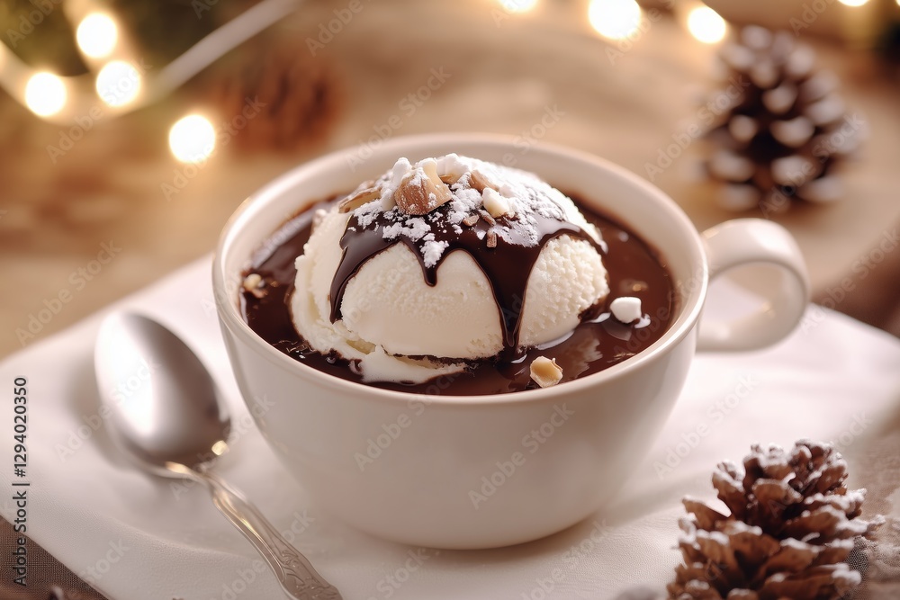 A mouthwatering chocolate lava cake with vanilla ice cream, drizzled in a rich and glossy fudge sauce for an extremely delicious-looking dessert. A spoon is sitting next to the food A mouthwatering chocolate lava cake with vanilla ice cream, drizzled in a rich and glossy fudge sauce for an extremely delicious-looking dessert. A spoon is sitting next to the food