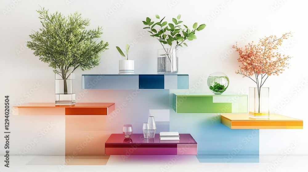 Fototapeta premium Colorful Glass Shelves with Plants and Decor