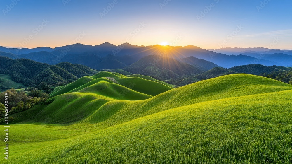 Sunrise over rolling green hills and distant mountains. Golden sunlight illuminates the landscape creating a serene and peaceful atmosphere. Lush Sunrise over rolling green hills and distant mountains. Golden sunlight illuminates the landscape creating a serene and peaceful atmosphere. Lush