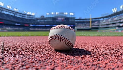 A baseball sits on the infield dirt in a baseball stadium photo