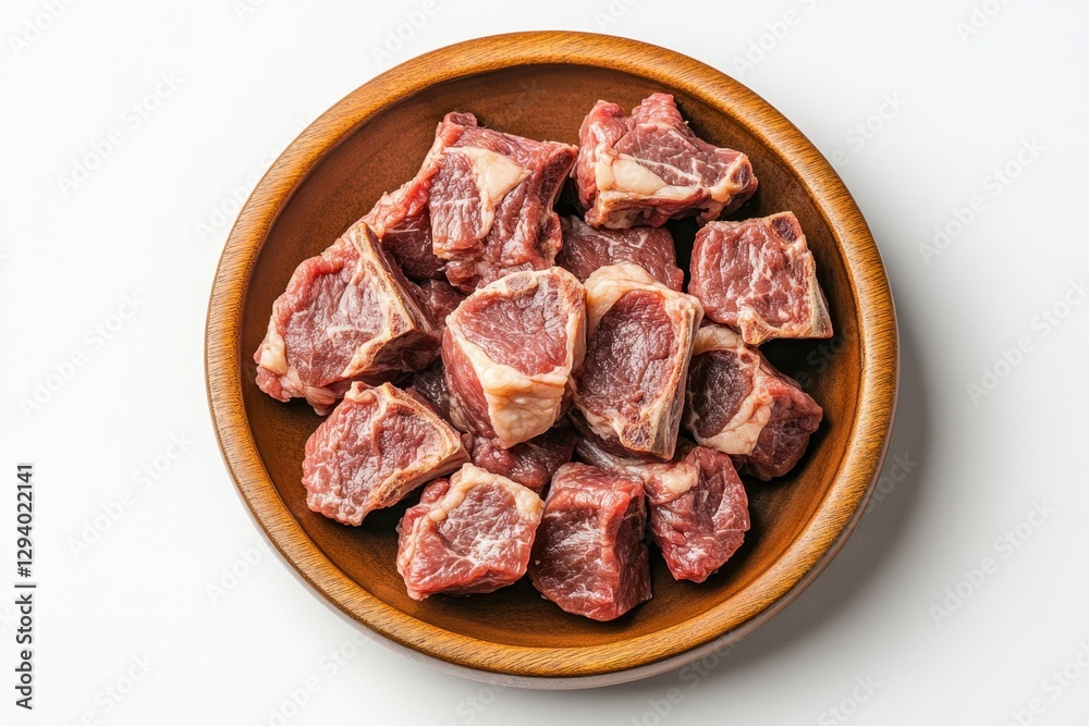 Fresh raw beef cubes in rustic wooden bowl on white background culinary preparation for hearty stew