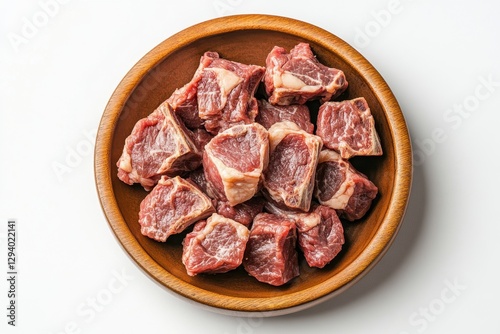 Fresh raw beef cubes in rustic wooden bowl on white background culinary preparation for hearty stew