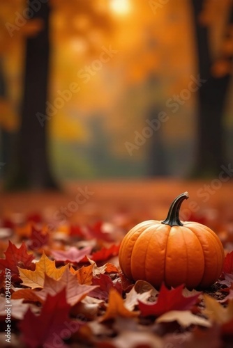 Autumnal Still Life A Single Pumpkin Amidst Vibrant Fallen Leaves in a Sun-Dappled Forest