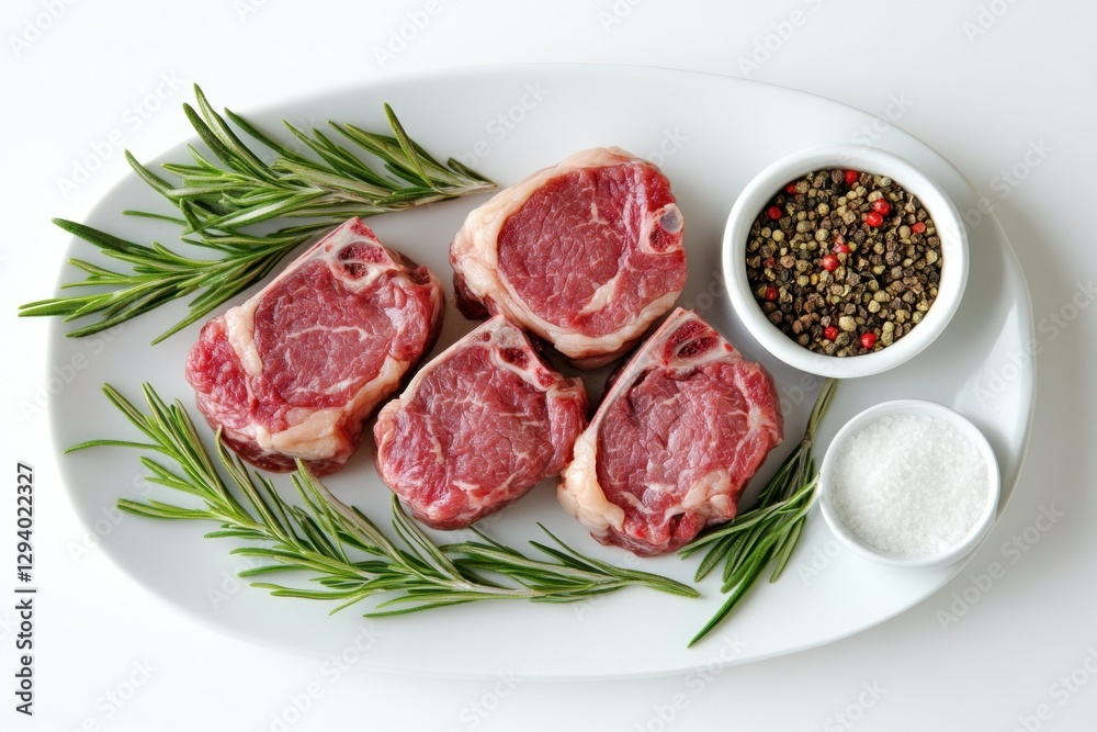 Fresh lamb chops seasoned with rosemary and peppercorn on white plate culinary delight gourmet food preparation ingredient