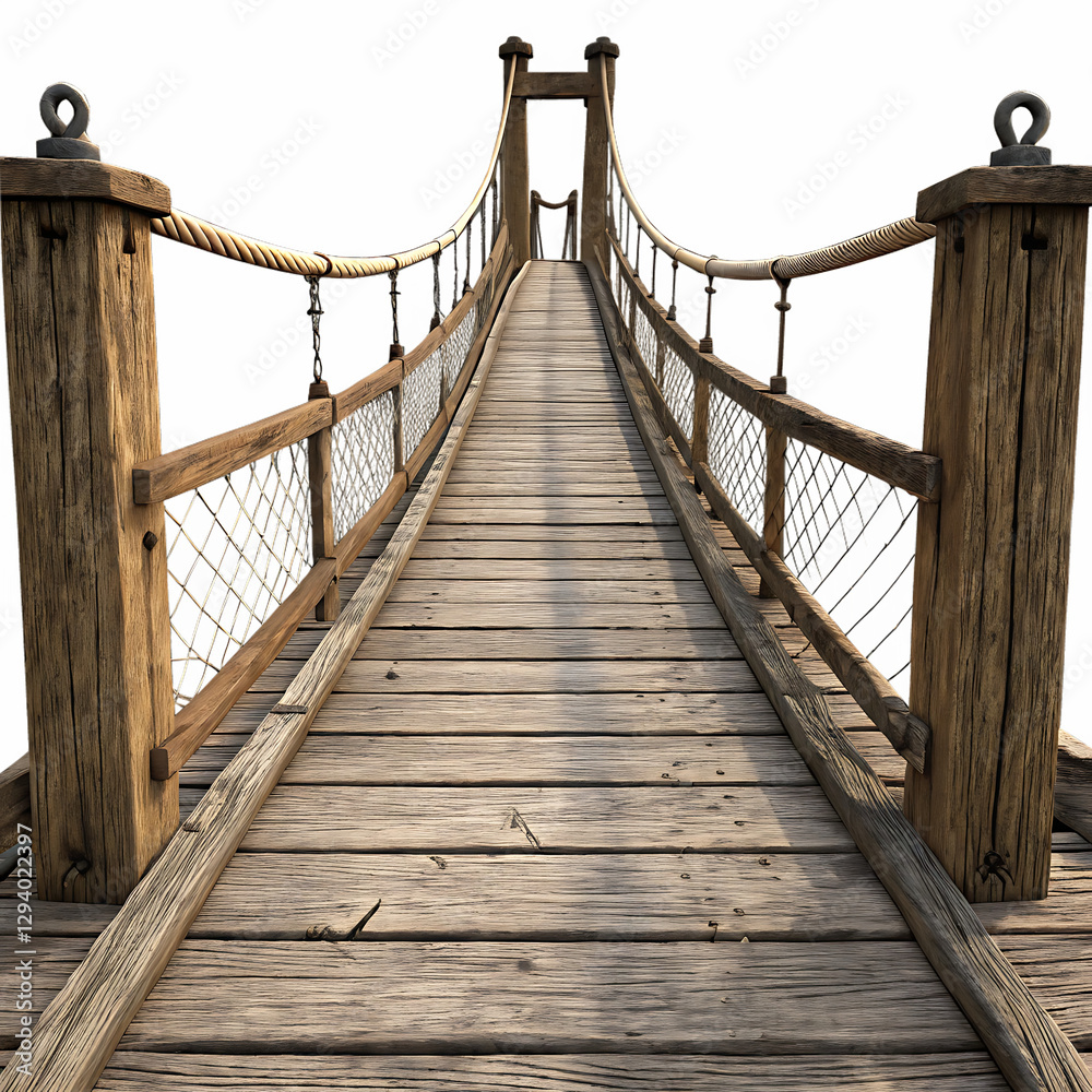 Fototapeta premium Wooden Suspension Bridge - Isolated on White Background as Transparent. PNG. AI GENERATED