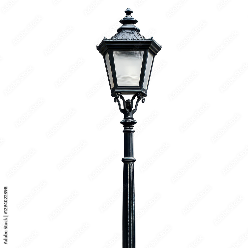 A stylish black street lamp casting light in a nighttime urban setting. transparent background A stylish black street lamp casting light in a nighttime urban setting. transparent background