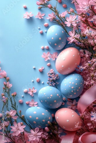 Wallpaper Mural Springtime easter egg arrangement with delicate flowers on blue background Torontodigital.ca