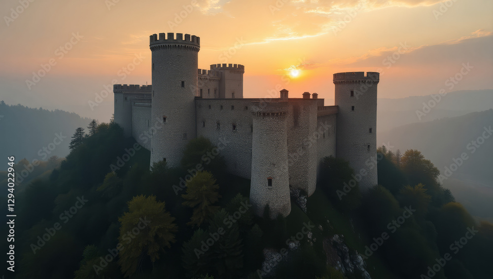 Medieval castle on top of a hill at dawn, surrounded by fog in a historical landscape Medieval castle on top of a hill at dawn, surrounded by fog in a historical landscape