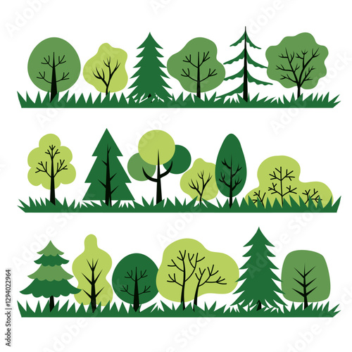 Vector trees set, isolated on a white background. Simple and flat design. Elements for a poster, banner, or card. Forest landscape. Trees icons 