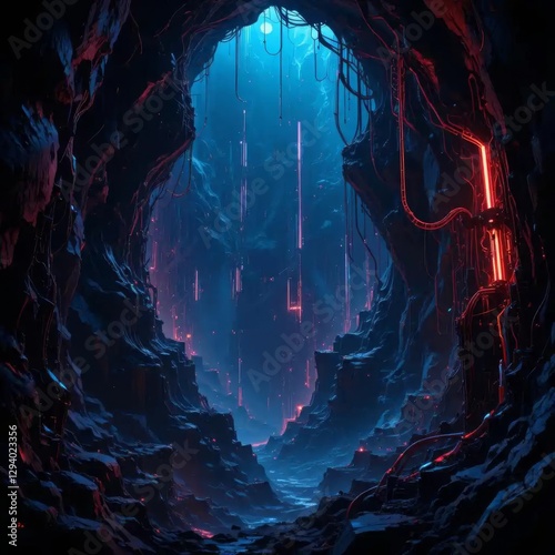 An abyssal cybernetic chasm with pulsating neon circuits