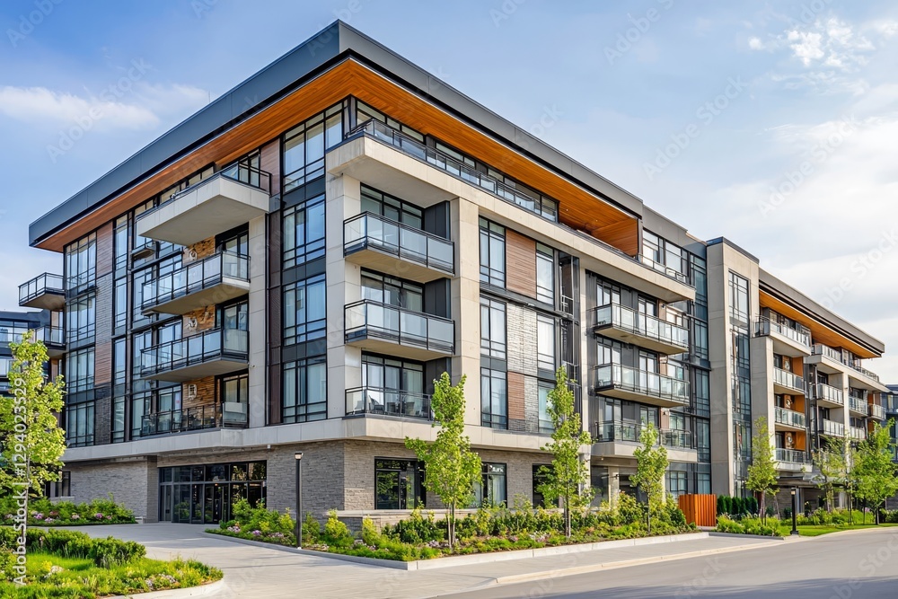 Fototapeta premium Contemporary apartment building with glass balconies and sleek modern design.
