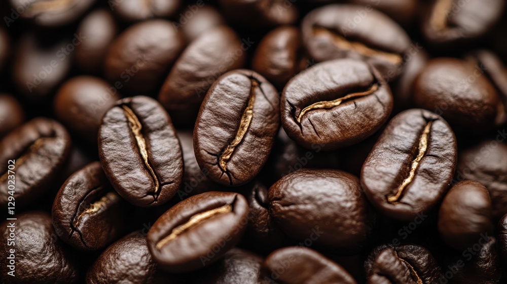 Naklejka premium A close-up view of a rich pile of dark roasted coffee beans set against a warm, textured brown background.