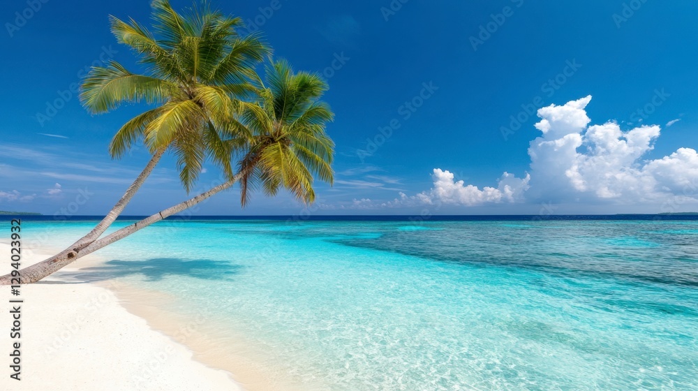 Two palm trees on a pristine white sand beach, leaning towards turquoise water under a vibrant blue sky with fluffy white clouds. Idyllic tropical Two palm trees on a pristine white sand beach, leaning towards turquoise water under a vibrant blue sky with fluffy white clouds. Idyllic tropical
