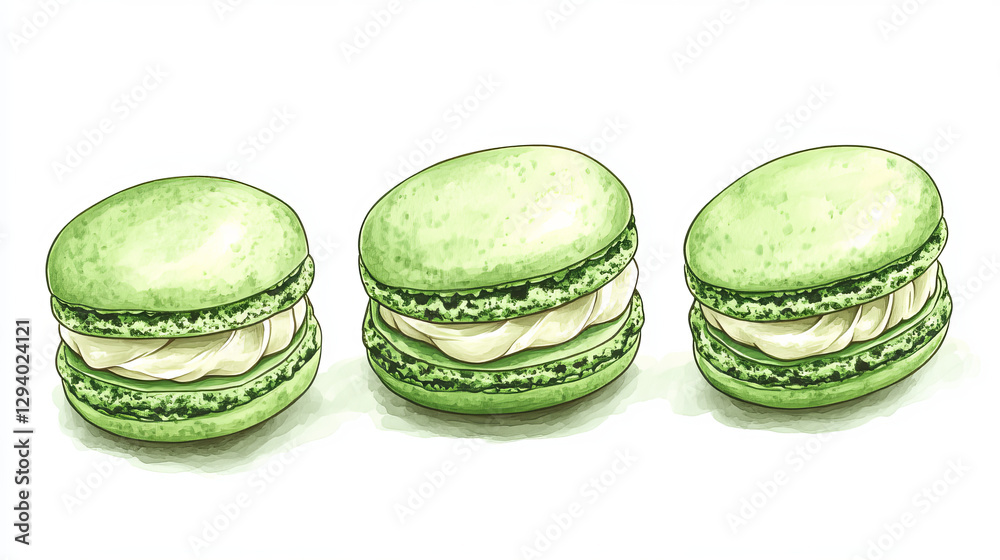 Three green pistachio macarons with cream filling. Delicious French dessert vector illustration. Sweet treats and bakery concepts vector illustration. Three green pistachio macarons with cream filling. Delicious French dessert vector illustration. Sweet treats and bakery concepts vector illustration.
