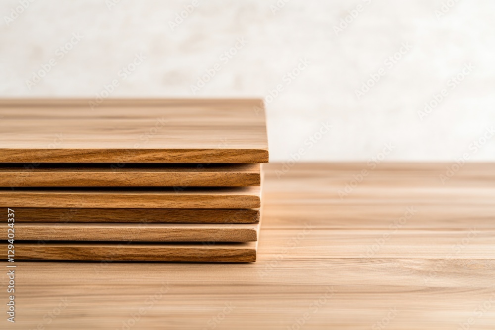Minimalist wooden boards stacked neatly on smooth surface, showc Minimalist wooden boards stacked neatly on smooth surface, showc