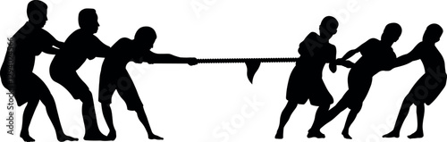 Illustration of silhouettes of people, teenagers tug of war