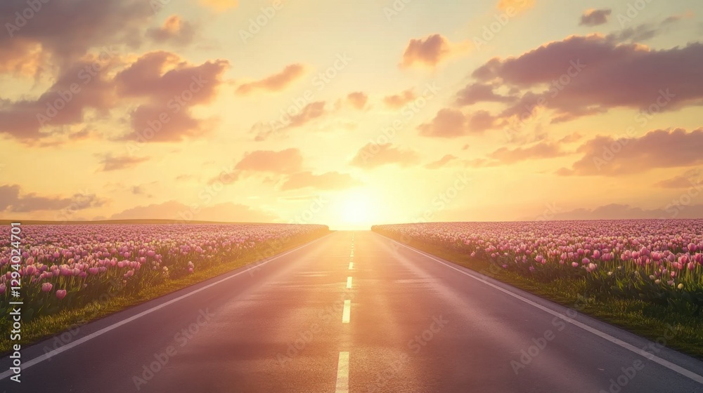 A scenic highway lined with tulips, glowing under the breathtaking sunset sky A scenic highway lined with tulips, glowing under the breathtaking sunset sky