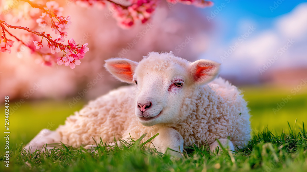 Fototapeta premium A fluffy lamb enjoys a peaceful moment beneath the vibrant cherry blossom trees, surrounded by lush green grass under a bright spring sky. Nature's beauty and tranquility abound