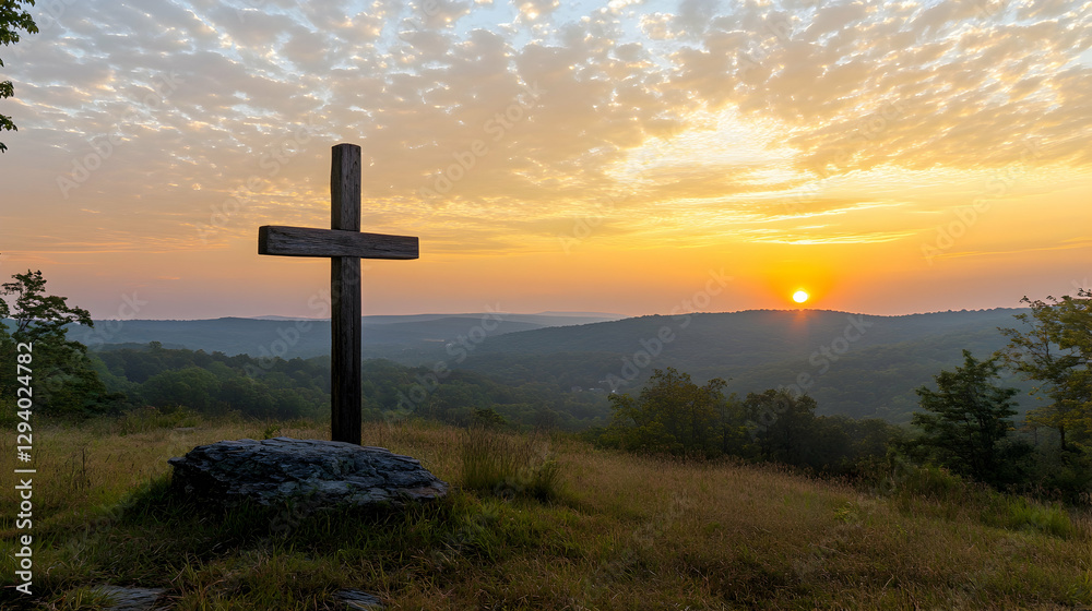 Tranquil hilltop view with a single wooden cross, bathed in soft golden sunrise light, symbolizing faith and renewal Tranquil hilltop view with a single wooden cross, bathed in soft golden sunrise light, symbolizing faith and renewal