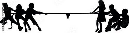 Silhouette of a group of children doing tug of war