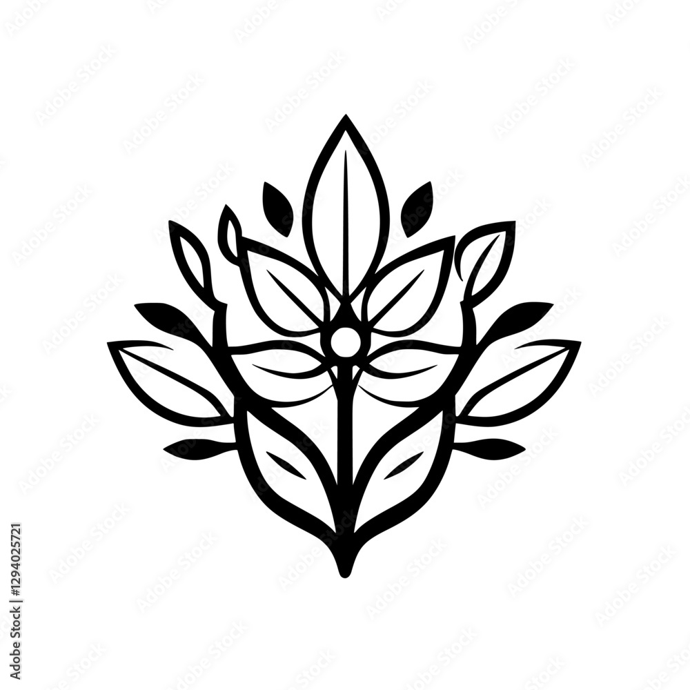 Minimalist symmetrical graphic of a stylized flower, comprised of bold black lines.