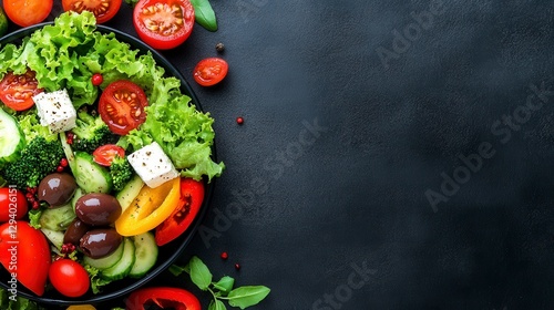 Fresh vegetable salad with feta cheese, olives, and cherry tomatoes on dark background. Healthy food concept. Top view