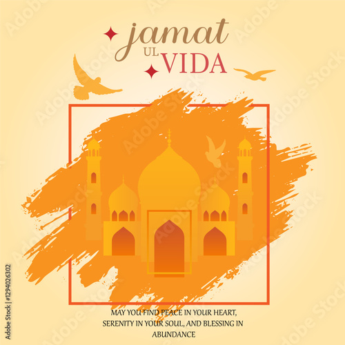 Jamat ul Vida Celebration Design – Beautiful Mosque Illustration with Flying Birds and Spiritual Message – Ideal for Islamic Festival Posters, Digital Greetings, and Social Media.